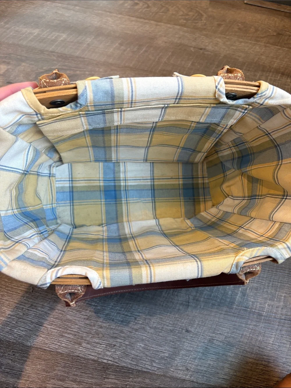 Longaberger Boardwalk Basket Leather Handles Plaid Liner